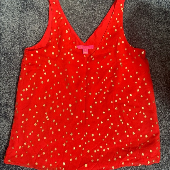 Lilly Pulitzer Tops - Lily Pulitzer Coral Red and Gold Polka Dot Women's Silk Top size small
